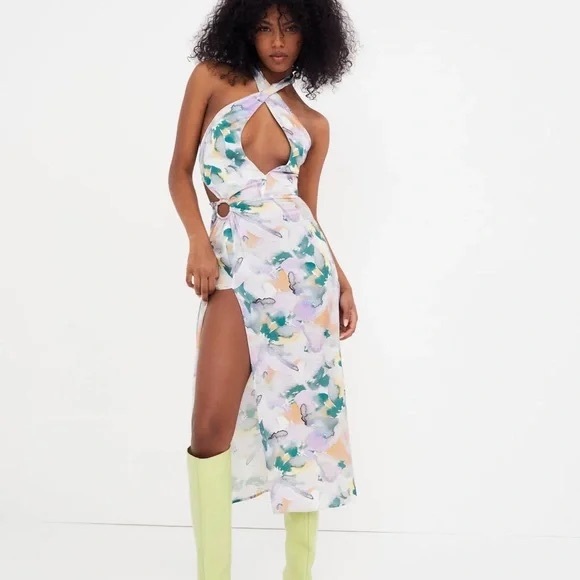For Love And Lemons Dresses & Skirts - For Love And Lemons Megan Midi‎ Dress Purple Floral Satin Wrap Slit Sundress NEW